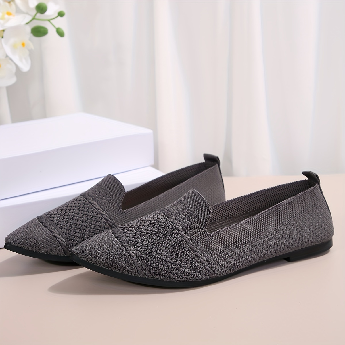 Elegant Ballet Flat Shoes For Women, Slip-On Breathable Soft Sole Daily Knitted Ballets, Point Toe Daily Wear