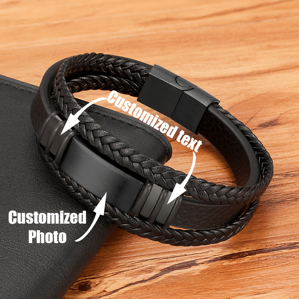 TEMU Muñequera personalizada de PU tejida para hombres, con fotos y grabados a medida. Regalo de , Día o Navidad para esposos
