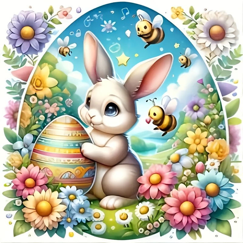 

1pc 5d Diamond Painting Kit, Easter Bunny & Flowers Theme, Round 11.8x11.8 Inch Canvas, Diy Mosaic Art Craft For Home Wall Decor, Gift For Beginners And Craft Lovers