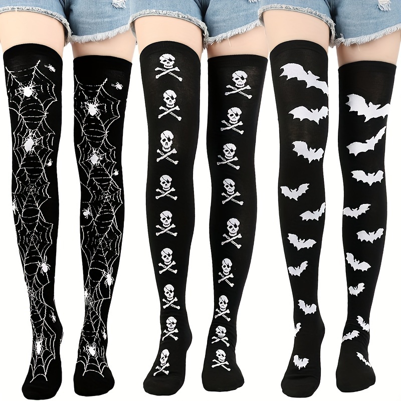 

3pcs Halloween For Women - Bat & Skull Designs, Elegant Long Tube Stockings For Cosplay & Costume Parties