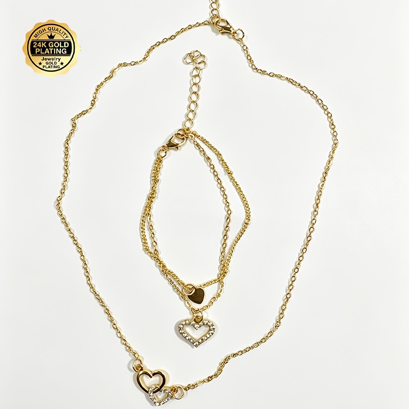 TEMU 2pcs Set High-quality Heart Necklace And Bracelet, Light Luxury Versatile Golden Jewelry Set, Fashionable Non-fading Women's Accessories,