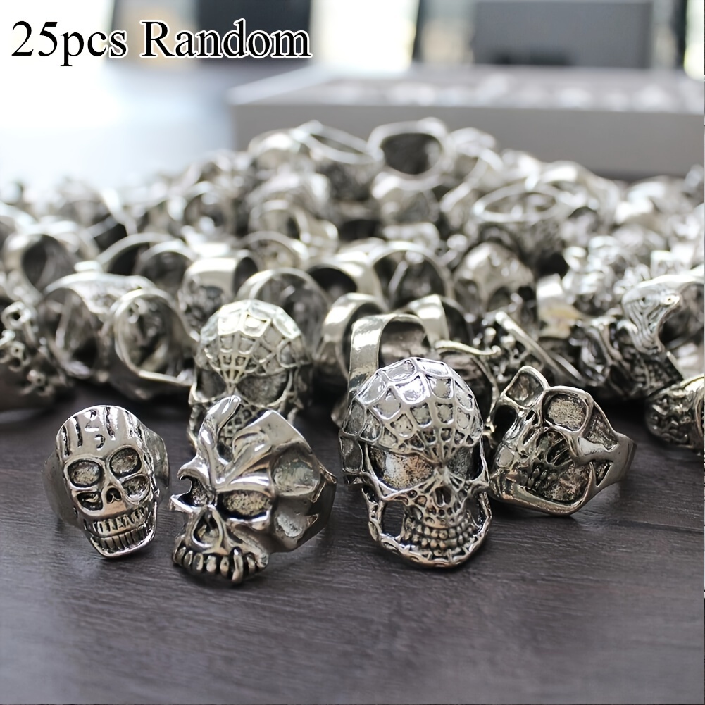 TEMU 25pcs/50pcs Wholesale Lot Gothic Punk Skull Head Silvery Rings Mixed Style Random Jewelry, For Halloween Outfits