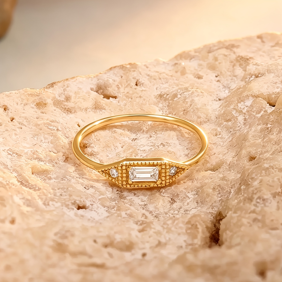 Geometric Rectangular Design Ring Set with Cubic Zirconia, Women's Accessory