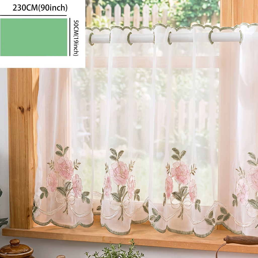 TEMU 1pc Pink Rose Embroidery Green Grass Short Sheer Curtain Light Permeable Non-transparent Kitchen Cabinet Blocking Half Curtain Bay Window Edge