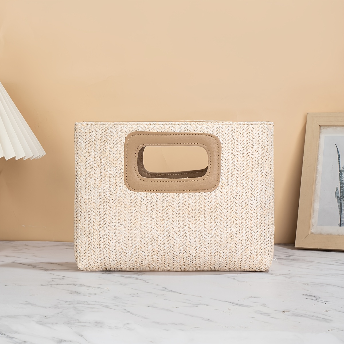 TEMU Sac à main carré à dessus ouvert pour femme, Sac fourre-tout d'été en paille tressée pour la plage