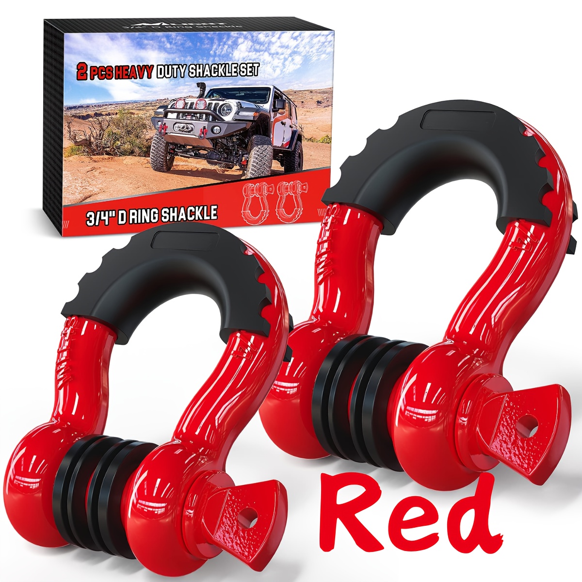 TEMU 2 Pack 3/4" D-ring Shackle With 7/8" 41, 887lbs Break Strength, Heavy Duty Off Road Recovery Shackle With Isolators Washers For Use With Tow Strap, Off-road For Truck Vehicle, Red