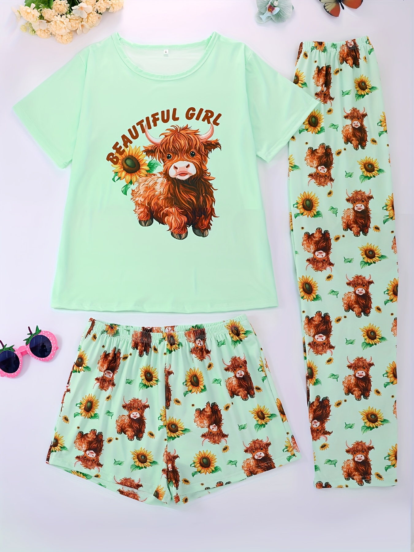 Women'S 3pcs Pajama Set - Cozy Highland Cow Print Loungewear with Short Sleeve Top, Elastic Shorts & Long Pants, All-Season Comfort for Outdoor & Indoor Wear, Casual Sleepwear|Playful Print Top|Stretchy Fabric