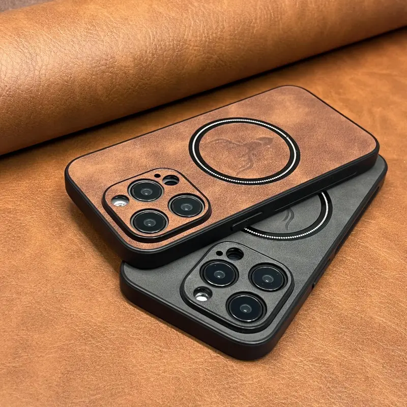 luxury sheepskin leather case for iphone 16 15 14 11 pro deer head pattern magnetic wireless charging soft bumper shockproof cover details 2