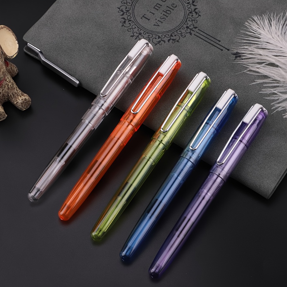 

Delight Brand Fountain Pens - Set Of 5, Ergonomic Plastic Design, Medium Nib, Click-off Cap, Ideal For Calligraphy Practice And Signature - Transparent Macaron Colors