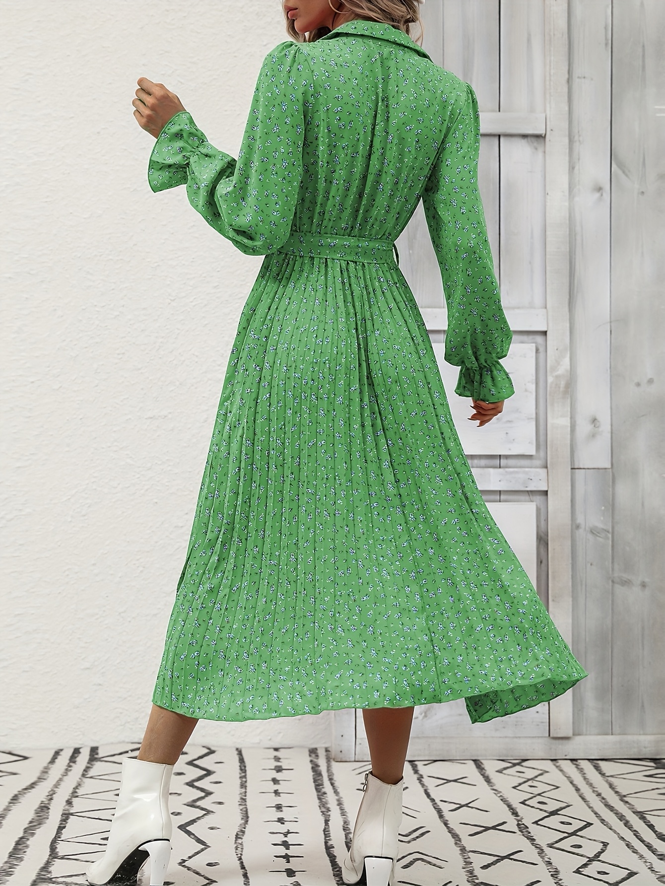 womens green floral print wrap dress ruffle detail perfect - Temu Mexico