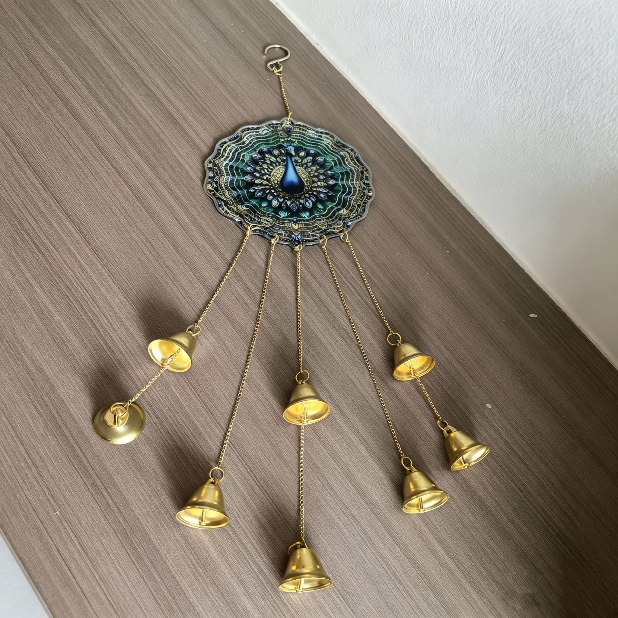 TEMU 2d Vintage Peacock Pattern Metal Wind Chime Set, In Golden. Made With Metal Hooks And Featuring 8 Metal Bells In Color Scheme, It A Strong