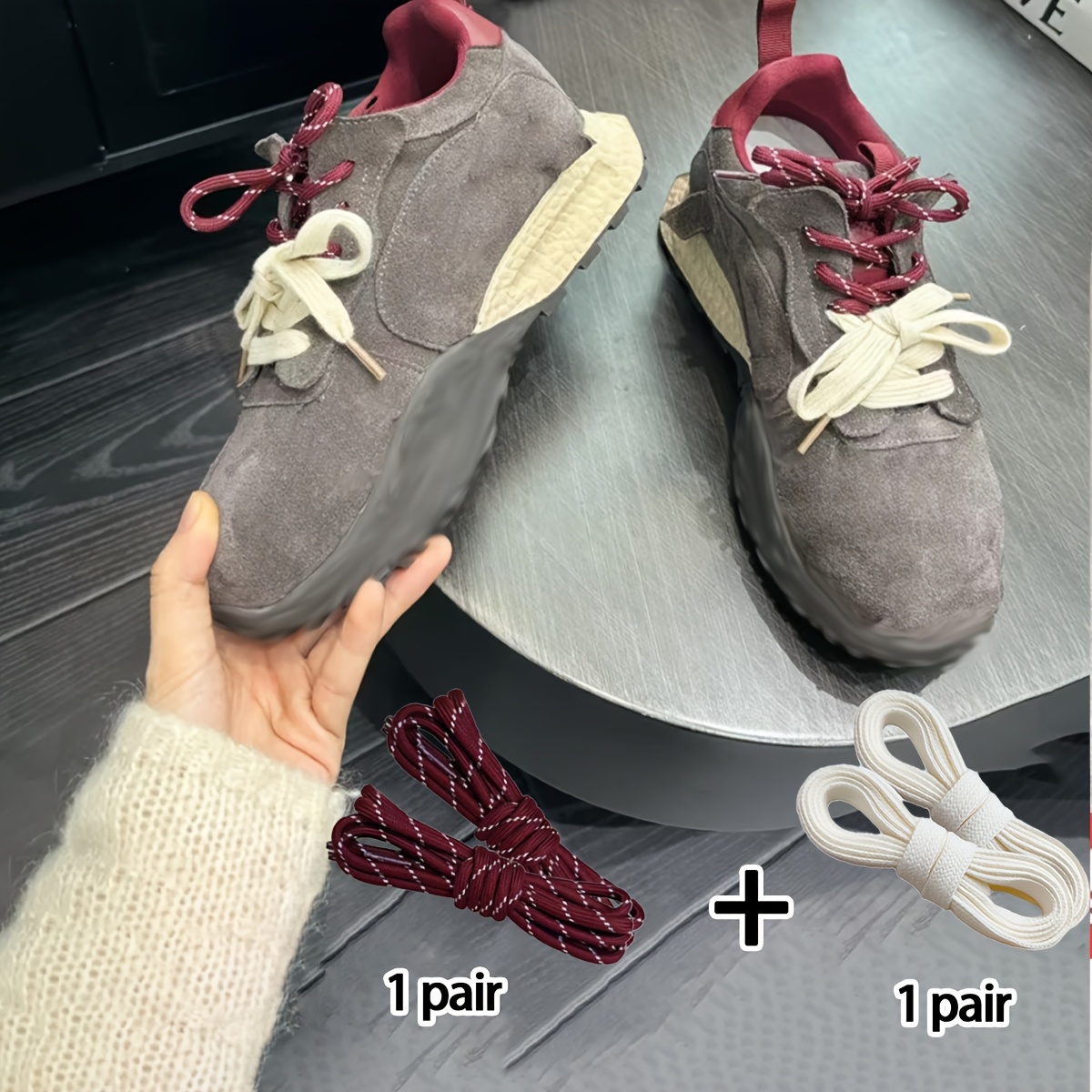 TEMU Ensemble de Lacets Contrastés Tendance : 80 cm Lacets Ronds Foncés et Plats Beige pour un Style de Sneakers Unique