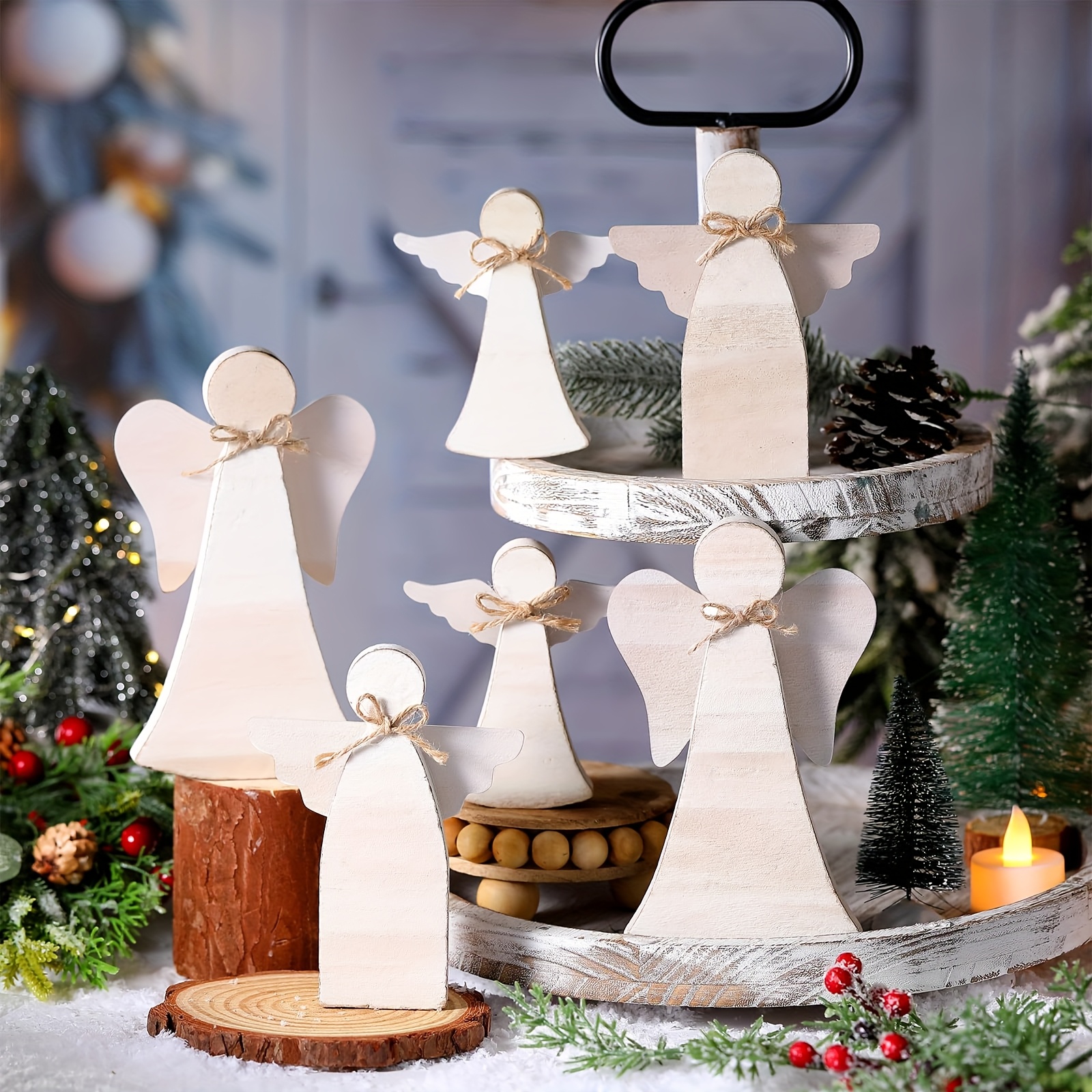 TEMU Set Of 6 Rustic Wooden Christmas Tiered Tray Decoration - Party Table Centerpiece Blocks - Home Decor For Dining Table, Fireplace, Entryway,