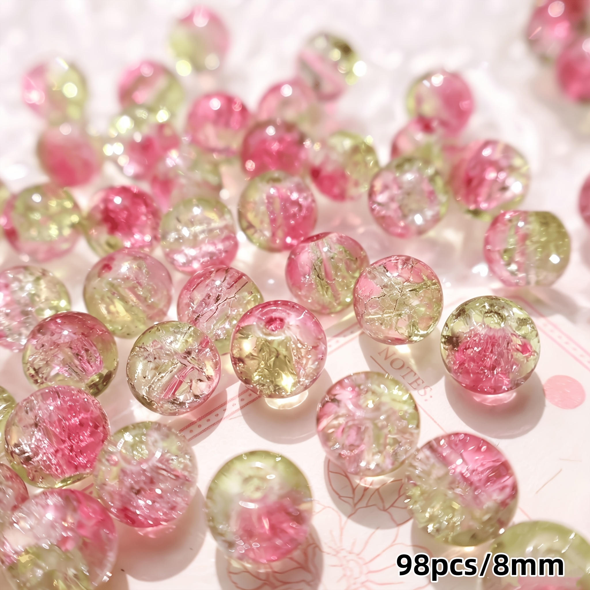 TEMU 98pcs Perles de verre craquelées de neige dégradé rose et vert 8Mm, additions romantiques pour bracelets et
