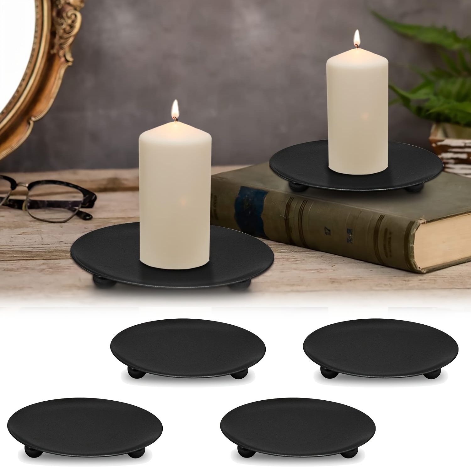 

4pcs Modern Black Iron Tray Candle Holders Set - Versatile Tabletop Decor For Led & Wax Candles