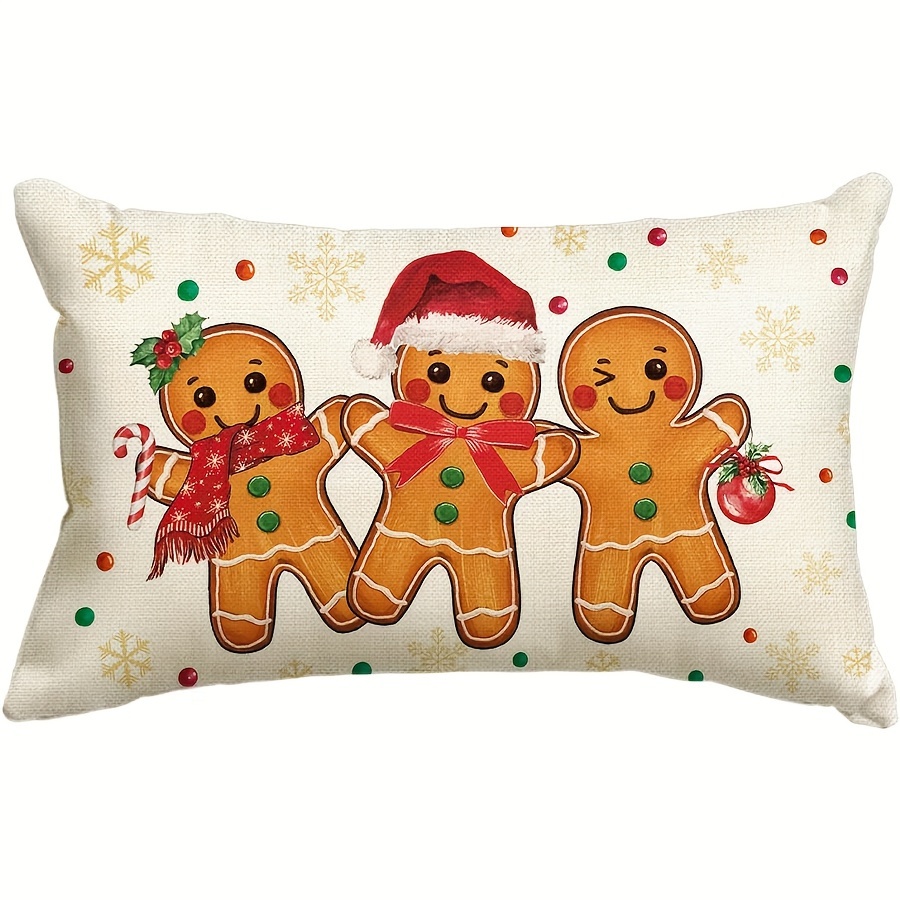 

Country- Throw Pillow Cover 12x20 - Machine Washable Zippered With Christmas Gingerbread Man & Design For Sofa And Room Decoration - Woven Fabric, 1pc