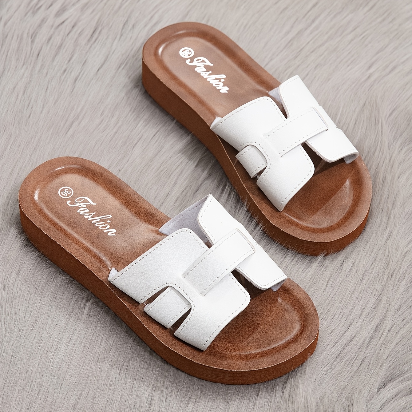 Image of Elegant Women Shoes Shoes Fashion Women's Shoes, Classic White Letter Upper Women's Slides, Insole Women's Slippers, Middle Style Beach Vacation Women's Sandals, Women Shoes