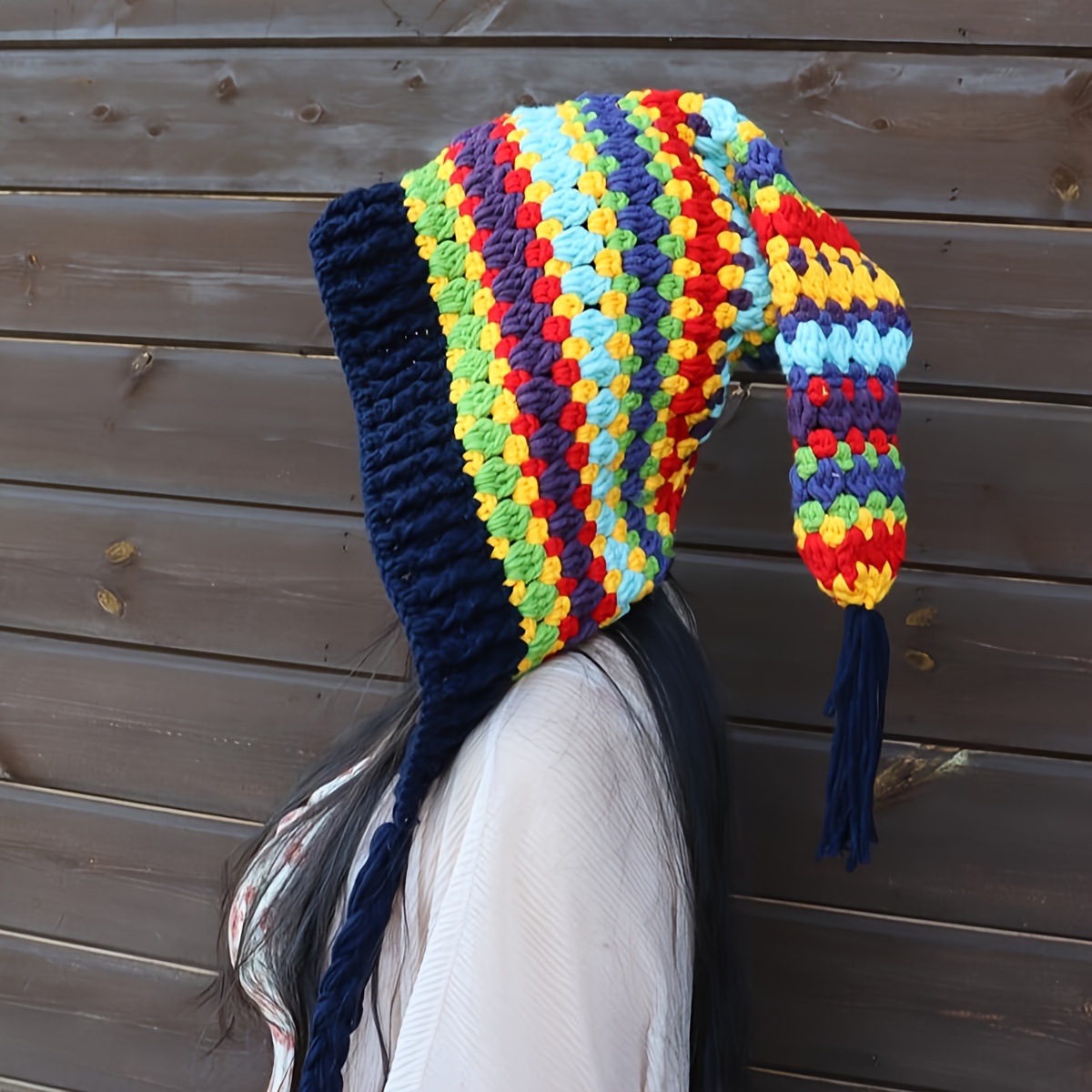 

Boho Candy Color Crochet Beanie Vintage Striped Color Block Rainbow Knit Hats Large Ear Flap Hat Tassel Beanies For Women Daily Uses