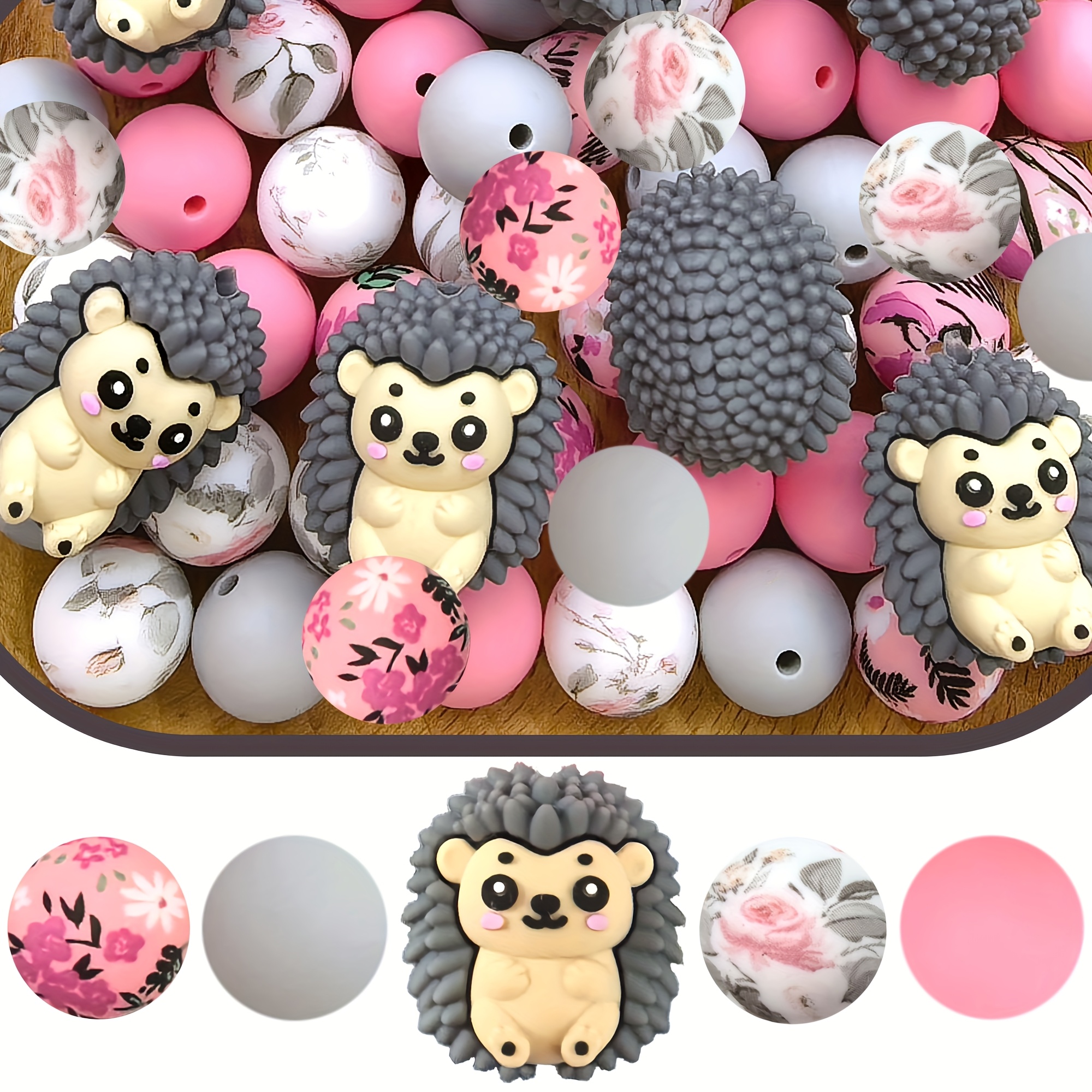 E-shop 25-teiliges Silikonperlen-Set, lose Igel-Silikonperlen, Tier- Pflanzen-Designelemente, für Frühlingsthema, für Schmuckdekoration, Perlenzubehör,