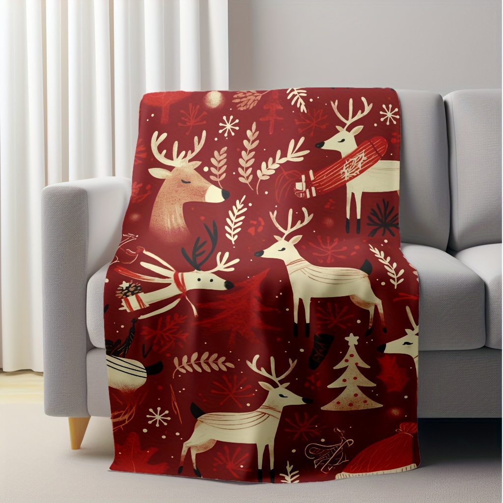 1pc contemporary style red christmas reindeer flannel throw blanket lightweight soft warm and comfortable for sofa home office napping camping travel   tear resistant   knitted polyester 200 250gsm details 4