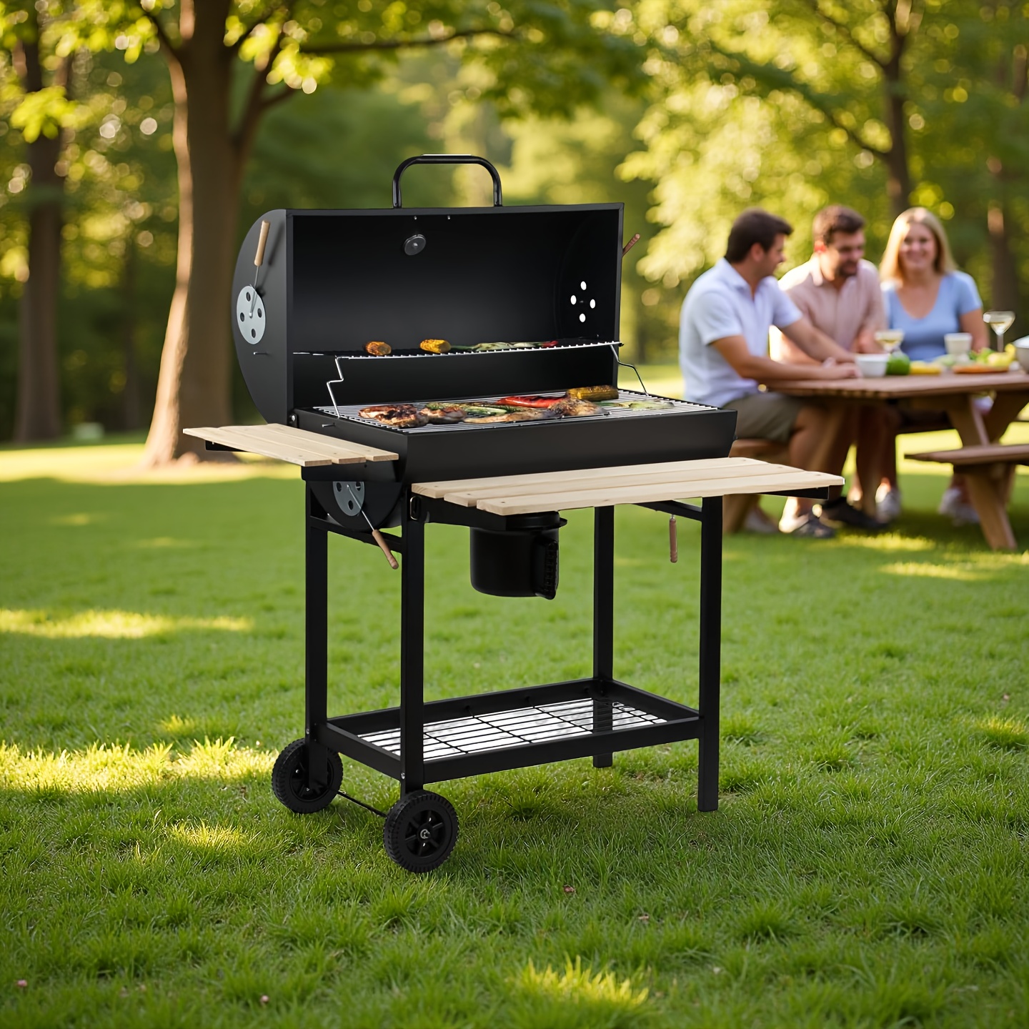 Image of Charcoal Grill With Xl Grill Grate, Grill Cart With 2 Wooden Shelves, Lid, Wheels And Non-heating Handle, Charcoal Grill For Garden, Terrace, Camping