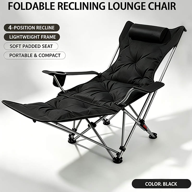 Image of Adjustable 4-position Folding Camping Lounge Chair, Padded Recliner With Footrest, Cup Holder And Headrest, Portable Outdoor Lounger For Patio, Beach, Camping, Office Napping, Supports 149.69kg