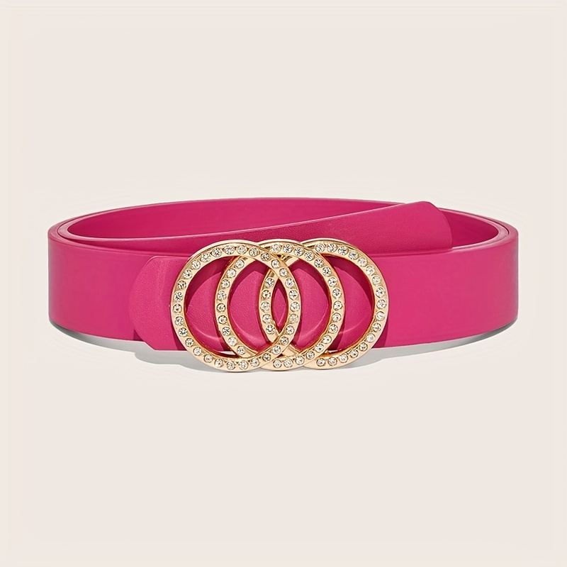 Rose Red Belt with Rhinestone Buckle - Adjustable Waist