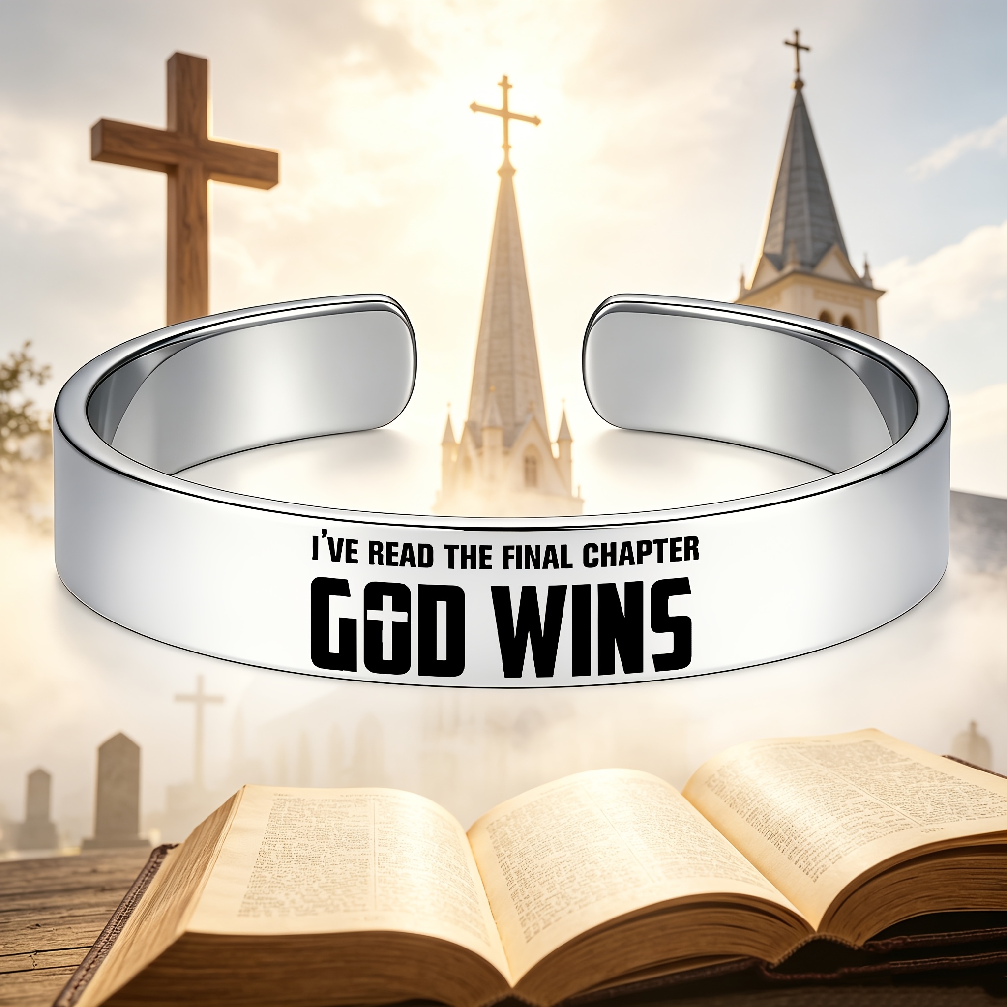 Inspirational Unisex 304 Stainless Steel Open Bangle Bracelet, God Has Won