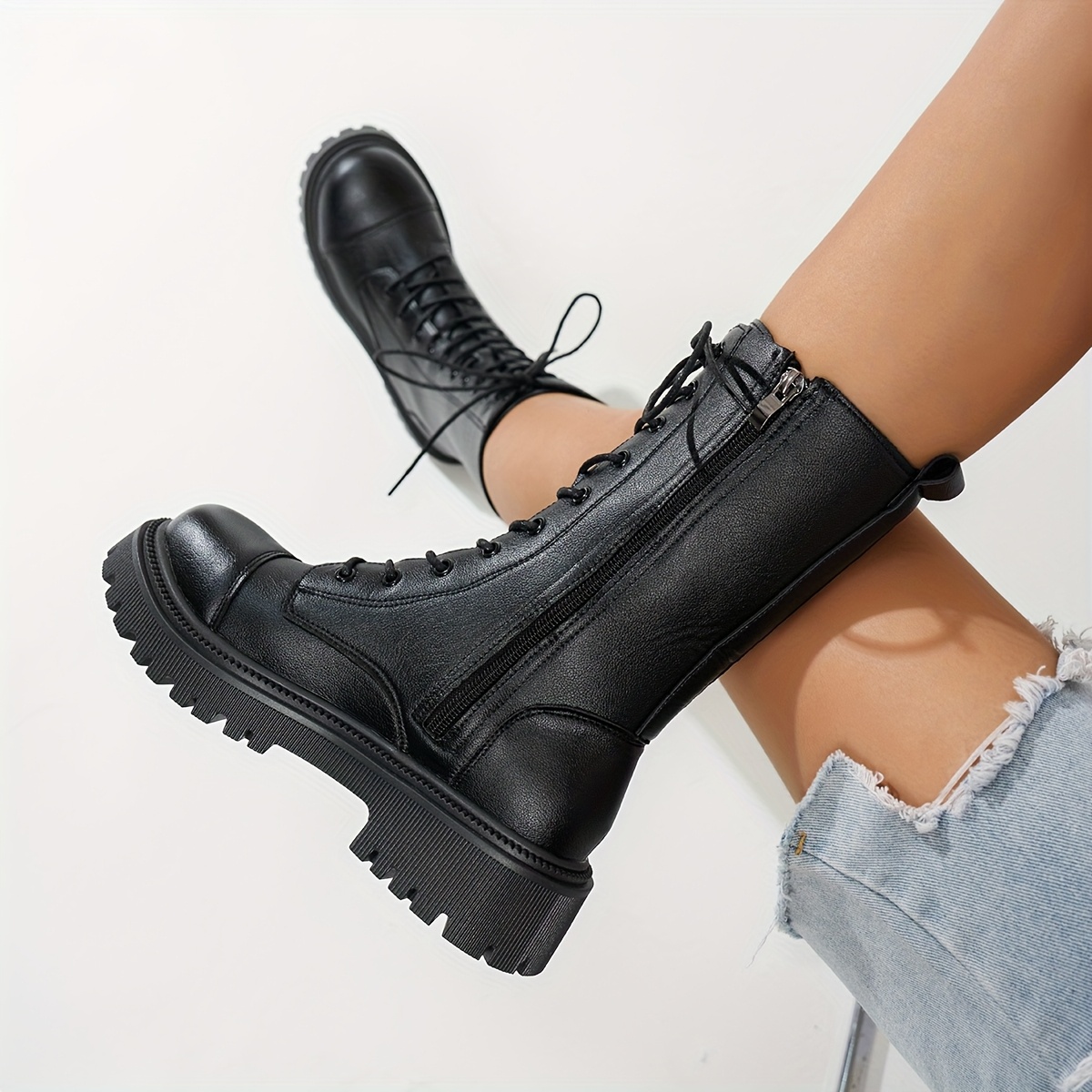 womens elegant lace up   calf boots chunky heel   cover non slip rubber sole everyday formal boots for women easy to     clean autumn footwear versatile shoes round toe polished   stylish ladies casual shoes durable construction office wear