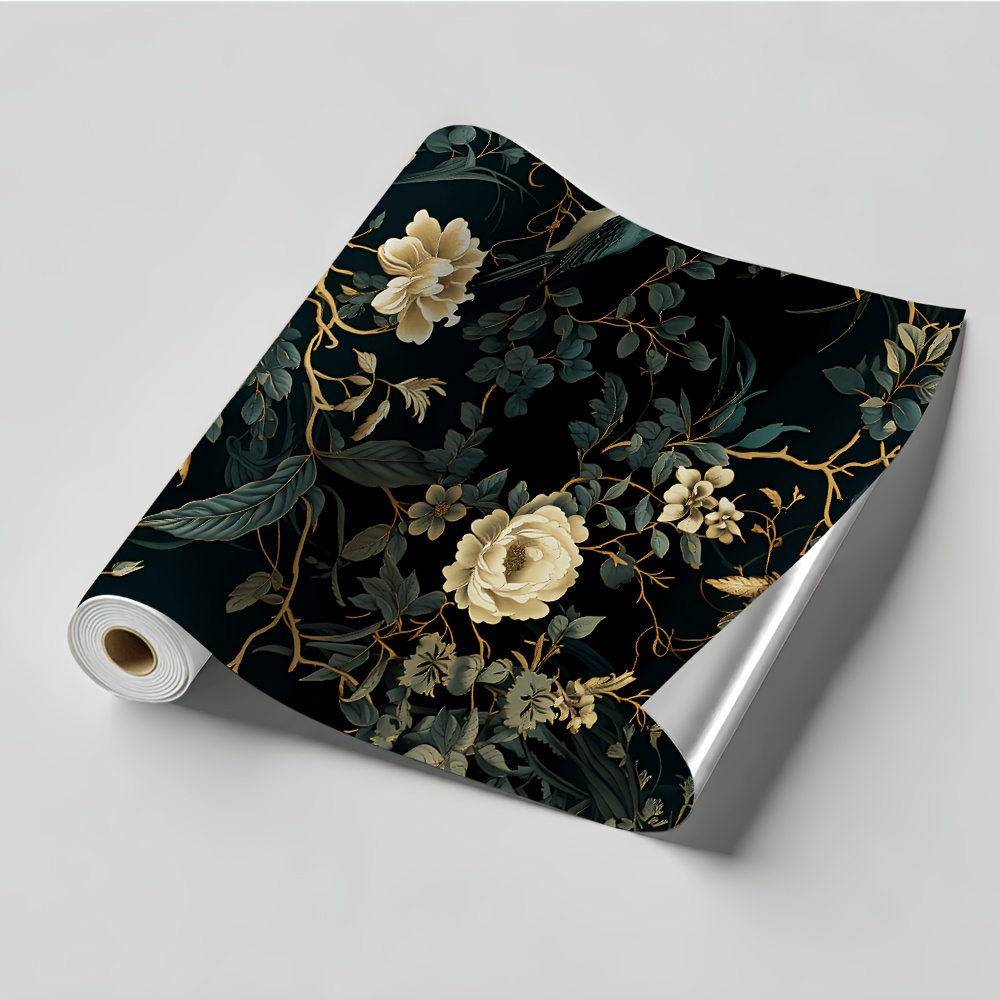 TEMU 1 Roll Style Self-adhesive Wallpaper, Black Background With , Peony, And Bird Mural, Removable Vintage Floral Wallpaper, Suitable For Bedroom,