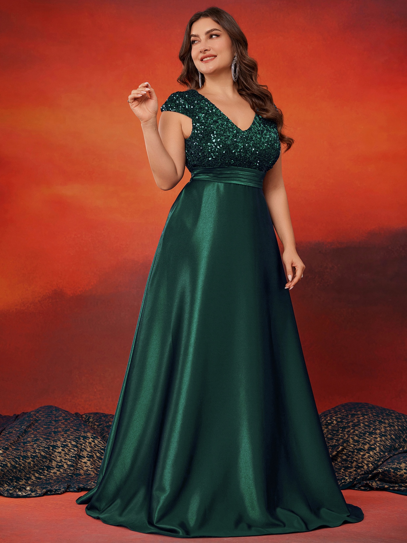 Plus Size Women's Elegant Satin Evening Gown - V-Neck Long Sleeve Sequin  Embellished A-Line Wedding Dress with Pockets, Floor-Length Formal Party &  Gala Dress for Summer