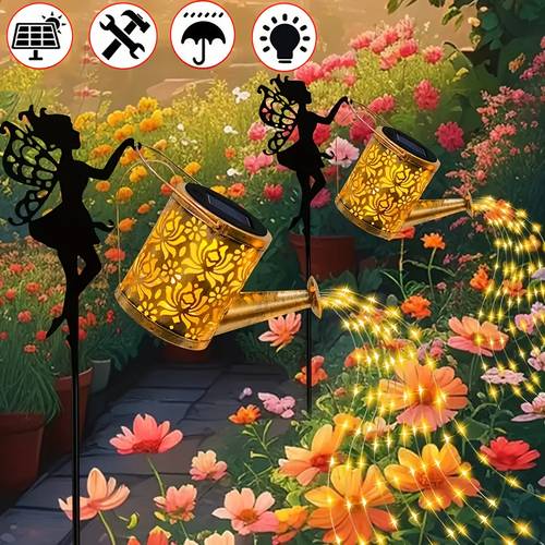 2 1pc retro metal solar watering can with fairy design automatic watering flower pot with string lights solar waterfall lights for lawn patio deck walkway decorative garden