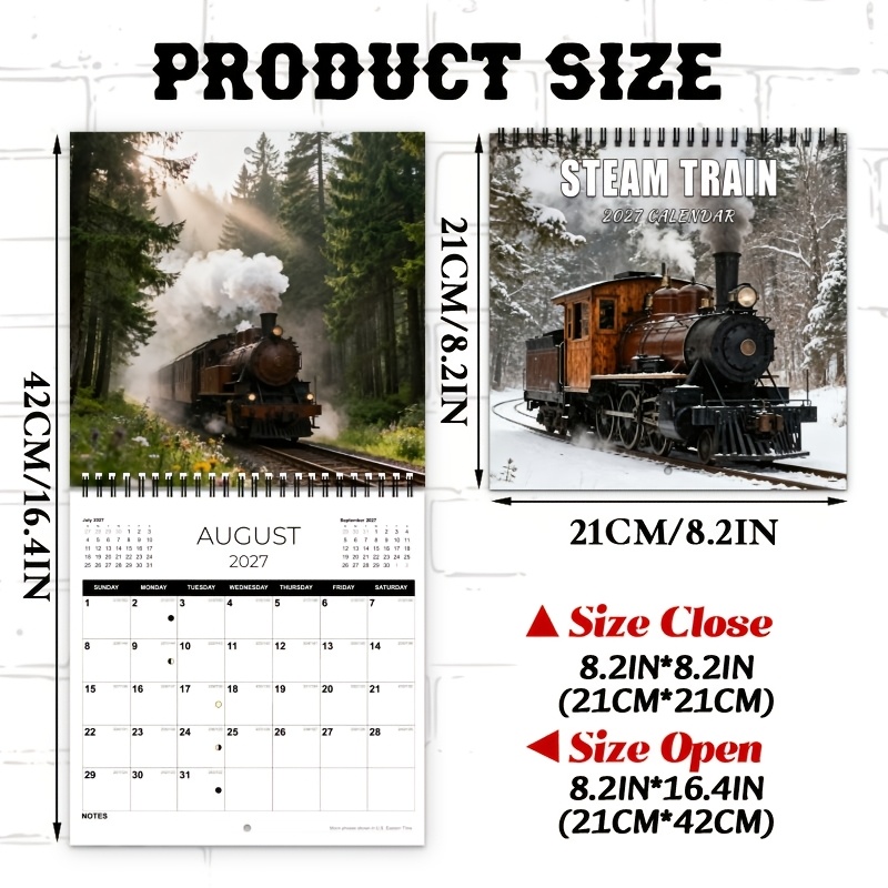 TEMU 2027 Steam Train Aesthetic Design Fold Wall Calendar Planner, 12-month Large Layout, Monthly Photos & Closure, For Home, Office, Daily Plan,