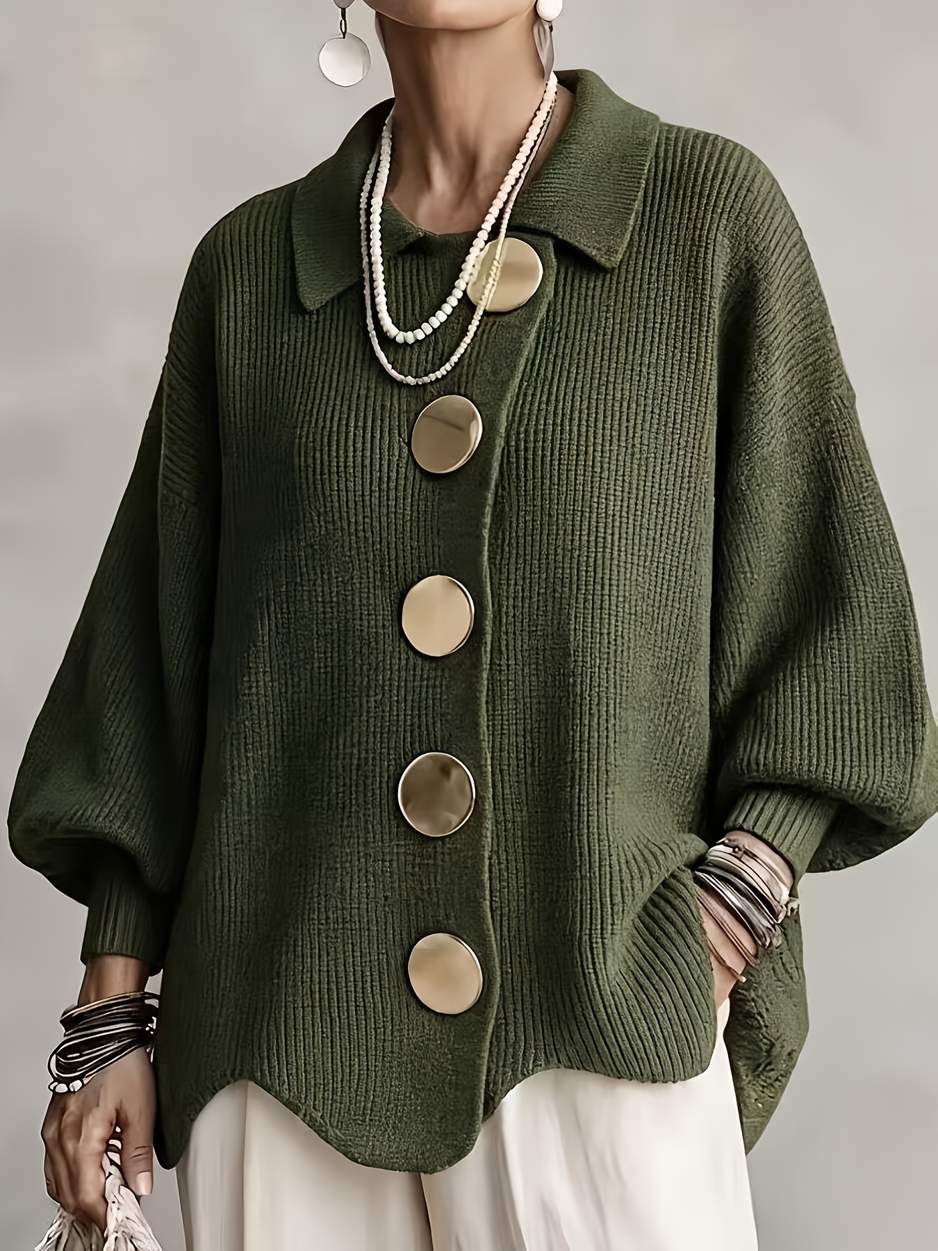 photo de l'article   cardigan à manches longues et à   pour femme   taille, coupe décontractée de style français, pull   à gros boutons, haut   et élégant