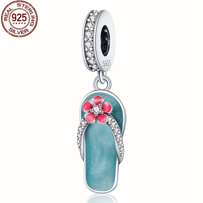 

Sterling Silver 925 Flip Flop Charm With Sparkling Flower Accent For Women's Bracelet And Necklace - Summer Beach Themed Jewelry Gift