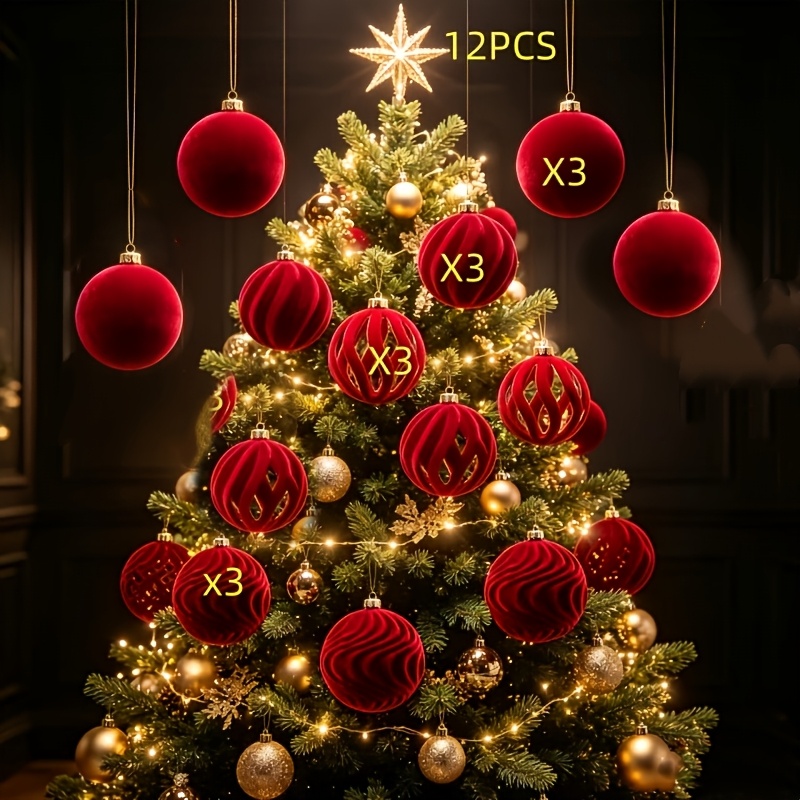 TEMU 12 Stück burgunderrote beflockte Weihnachtsornamente, geeignet für Baumschmuck, 6 cm hohle -Hängekugeln aus Kunststoff mit Beflockung, elegant,