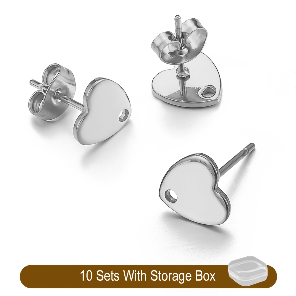TEMU 10 Sets Heart Hypoallergenic Stainless Steel Stud Earrings With Earring Backs And Storage Box, 0.8mm Pin And Post For Jewelry Making - Stainless