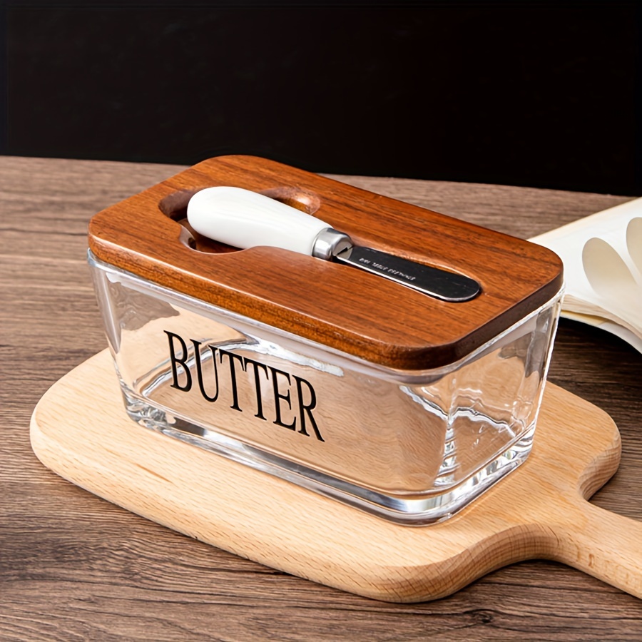 

1 Set Yumiplus Acacia Wood Lid Glass Butter Dish Set, Patterned Thick Glass Butter Box For Home Kitchen, Large Butter Container Snack Cookie Saver, Ideal Gift For