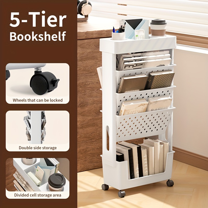 1pc 5 tier removable   bookshelf book storage rack with wheels magazine newspaper storage rack suitable for school classroom office study bedroom living room details 2