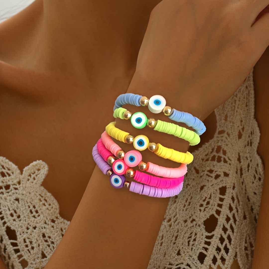 Image of 6 Handmade Bohemian Retro Colorful Demon Eye Soft Clay Elastic Bracelets Suitable For Women' Vacation Wear