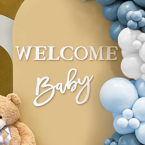 white felt welcome baby sign gender neutral boy girl baby shower backdrop 1st birthday arch decor wall photo prop with large lettering gender reveal party decoration soft signage for showers