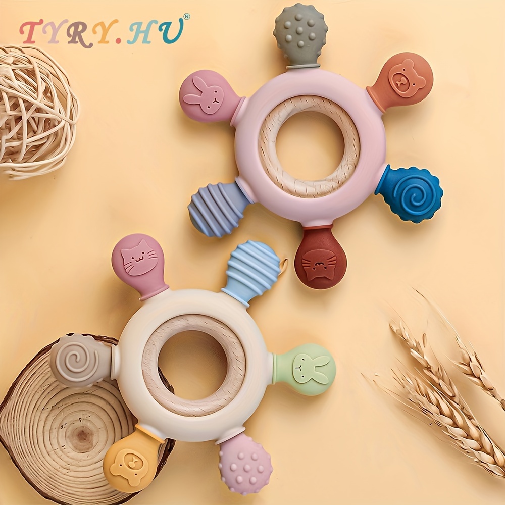 

Teething Toys, Silicone Teether Bpa Free Silicone Rudder With Wooden Ring Christmas, Thanksgiving Gifts