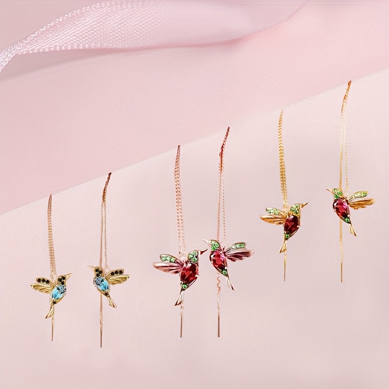 

3pairs Hummingbird Design Synthetic Gems Inlaid Dangle Earrings, Exquisite Shiny Cute Style, Perfect Gifts