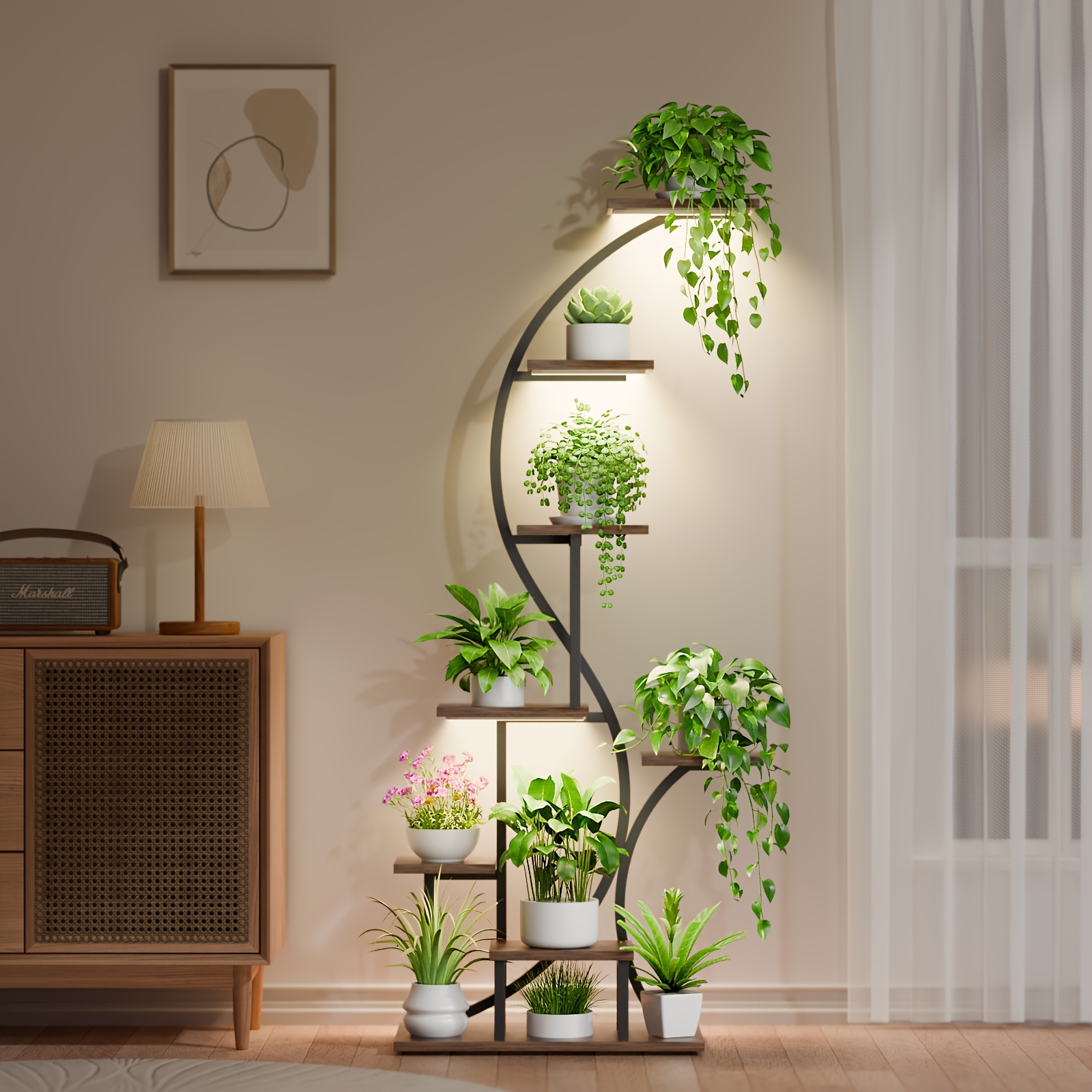 1pc tall plant stand indoor   lights, 8-tier 165cm multi-functional metal display shelf for plants   photos frames, curved-shaped shelf for living room balcony staircase corners window edges   for gifts home decor 0