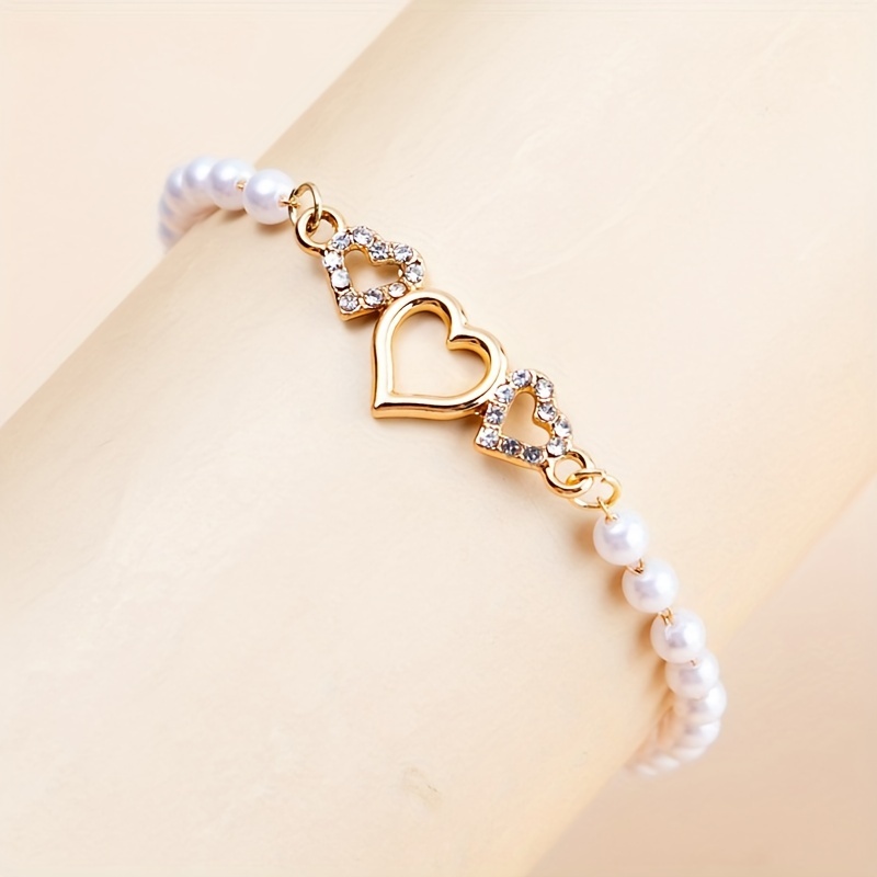 

1 Elegant Golden-tone Heart Charm Bracelet With & - Style, Ideal For Or Parties, Perfect Birthday Gift, Party Accessory|heart Motif Bracelet|pearl Embellishments