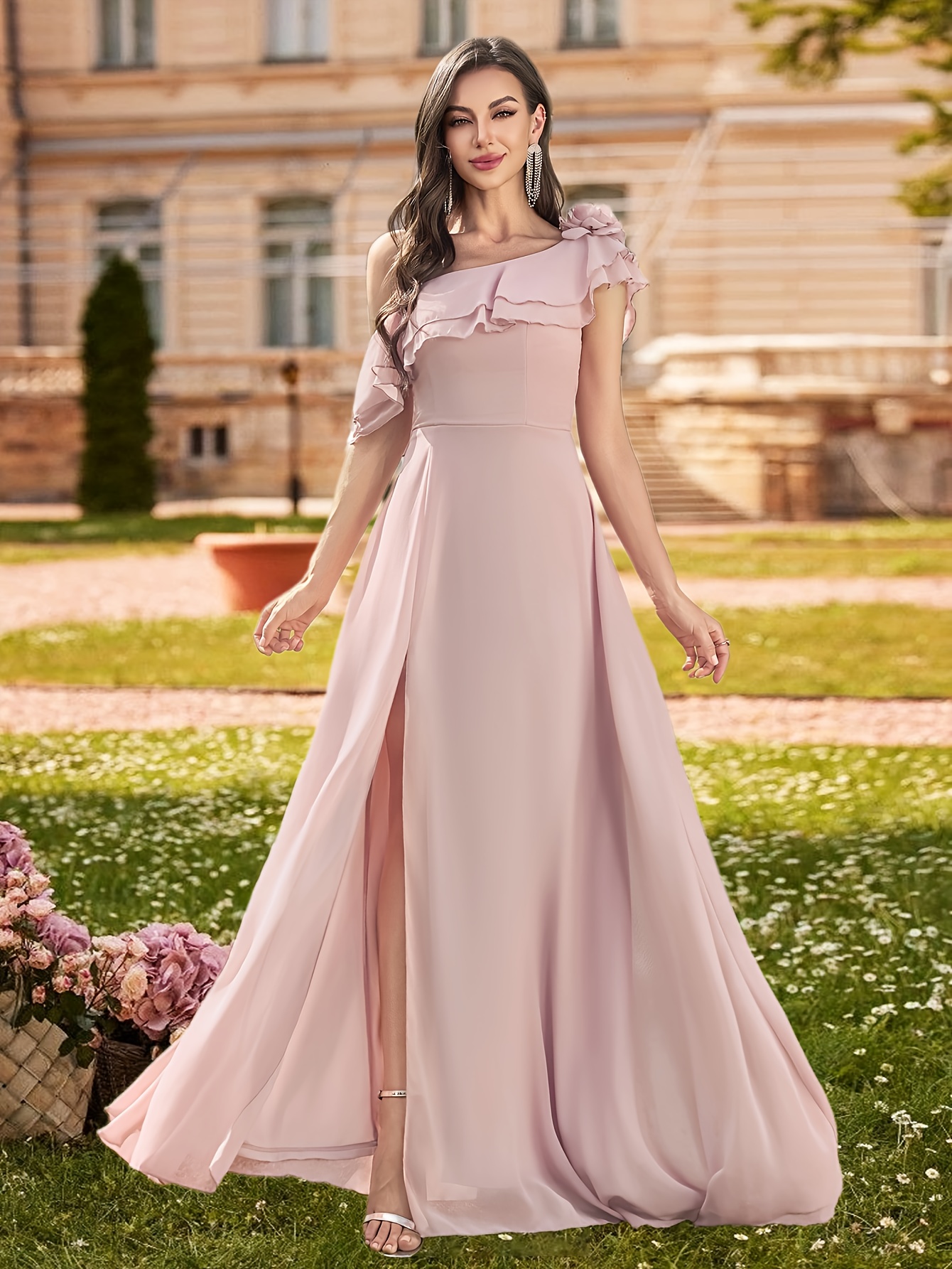 Bridesmaid Dress Long Flowy Blush Dress Elegant Shoulder Ruffle