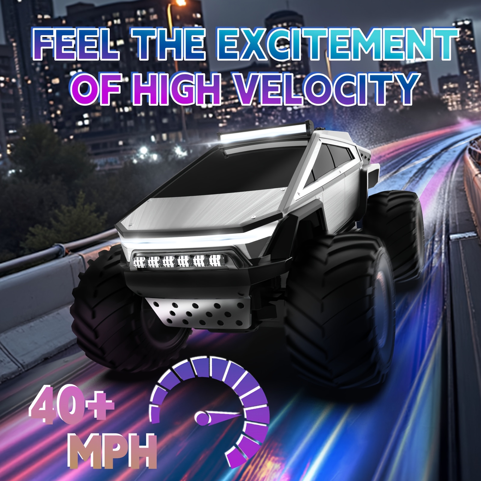 All-Terrain Remote Control Monster Truck Toy, 2, 4Ghz 4WD Off-Road Vehicle with LED Lights, Music And Excellent Grip Large Wheels, Birthday, Christmas, Halloween Gift for Boys And Girls Over