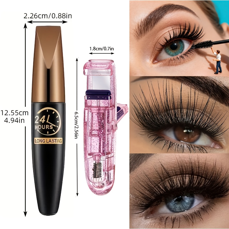2pcs Waterproof Black Fiber Mascara with Eyelash Curler, Long-Wearing, Volumizing, No Clump, Smooth Application
