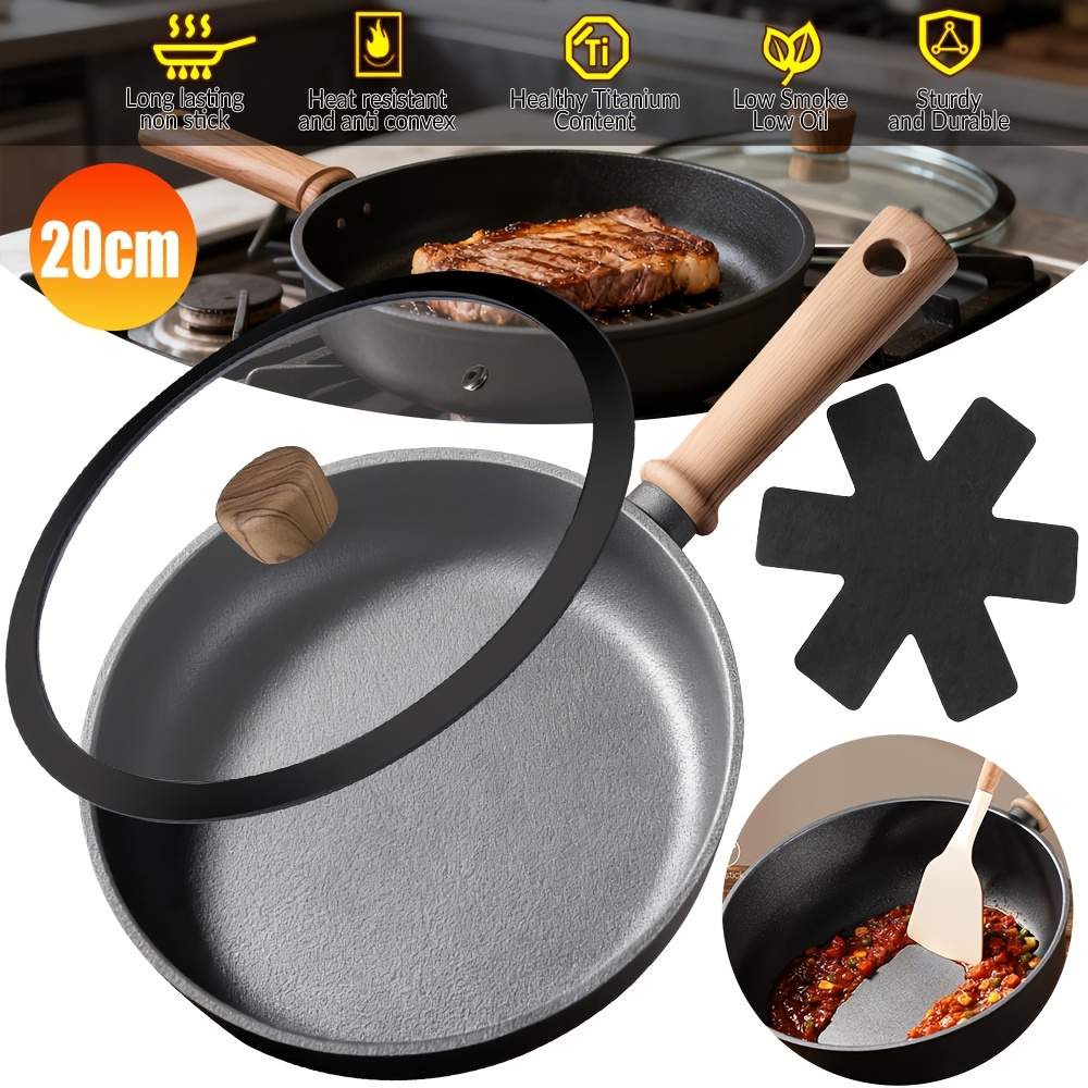 Image of Deep Frying Pan, 20cm, Aluminum Alloy, Suitable For Induction Cooktops, Titanium Coating, With Lid And Trivet, Oven-safe, Wooden Handle, Suitable For All Stovetops.