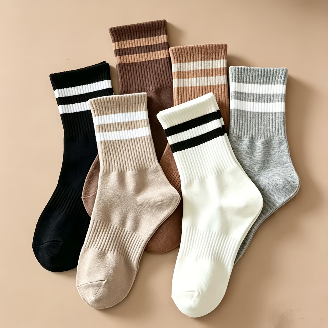 TEMU Mixed Colors - 6 Pairs Unisex Mid-calf Socks Spring/autumn Style Long Striped Socks Non-slip Sole Double-stripe Preppy Style Wearable Sports